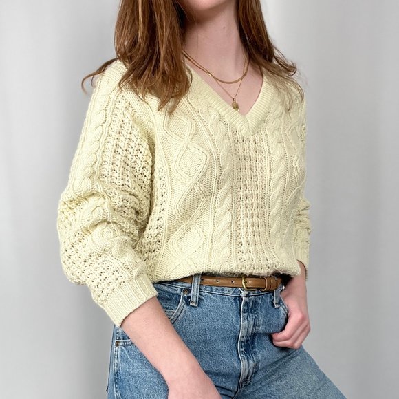 Vintage Cable Knit Oversized Fishermans Grandpa V-Neck Ribbed Preppy Sweater Top - Picture 6 of 8